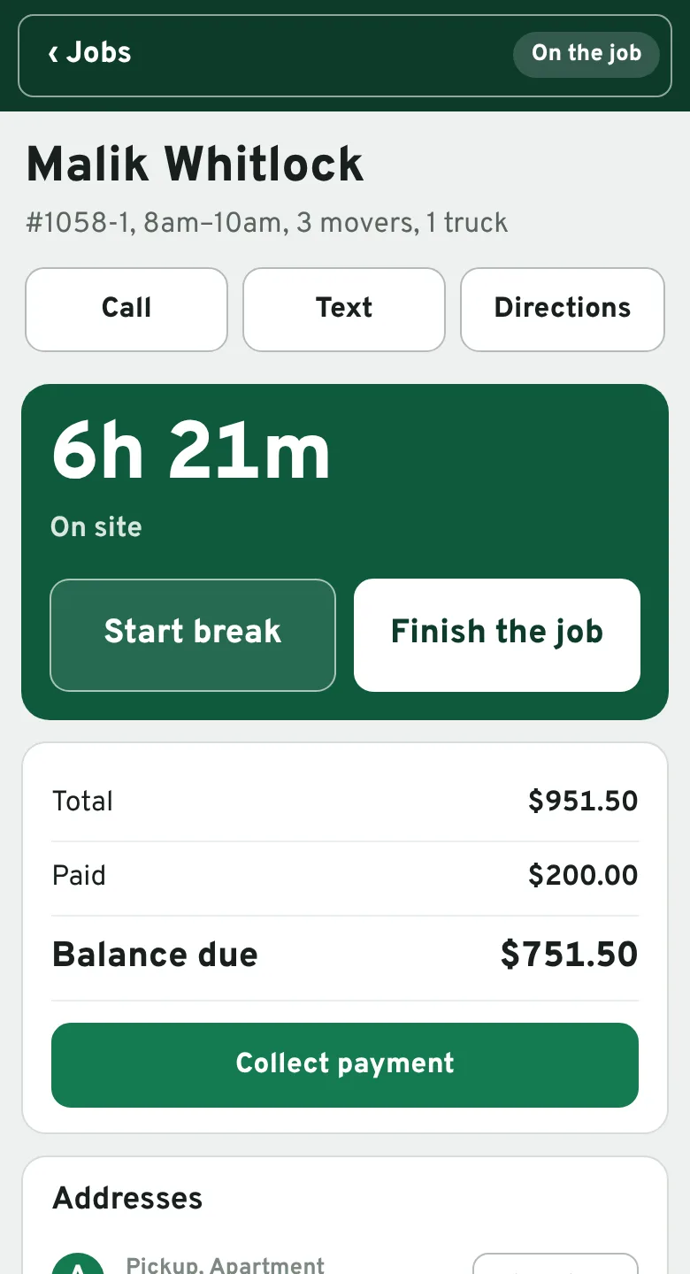 The crew app on a phone: today's job with the clock, the addresses and the customer's phone number.