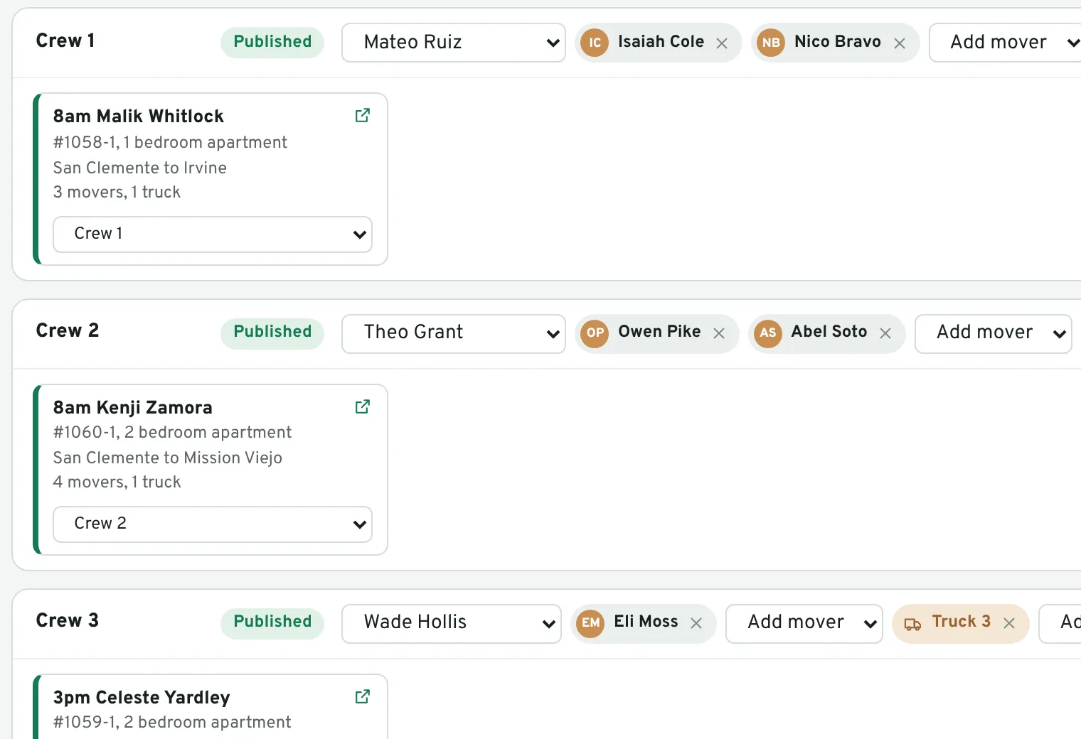 The dispatch board: jobs for the day in lanes by crew, with trucks and arrival windows.