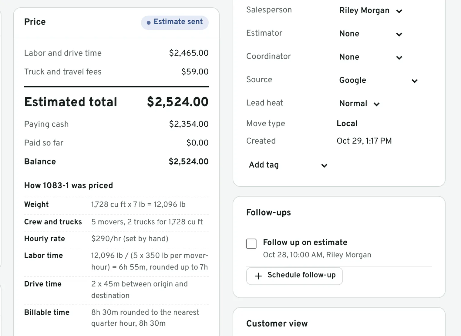 An estimate in Haulbook: four movers and one truck, the hours, the drive time, the truck fee and the total.
