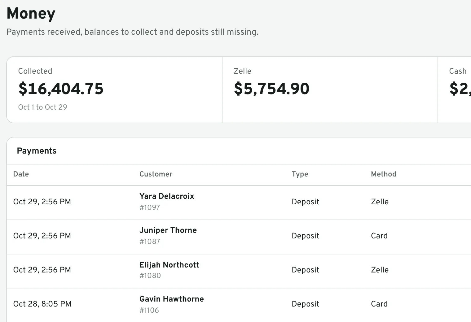 The money page: payments received this week and balances still owed.
