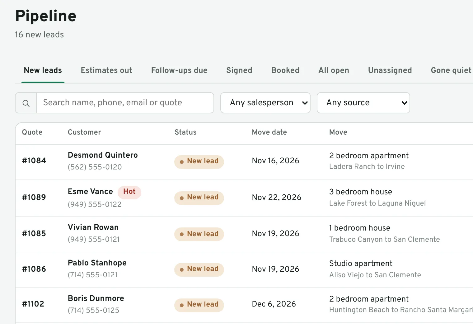 The pipeline: new leads, estimates sent and booked moves, each with its move date, size and price.