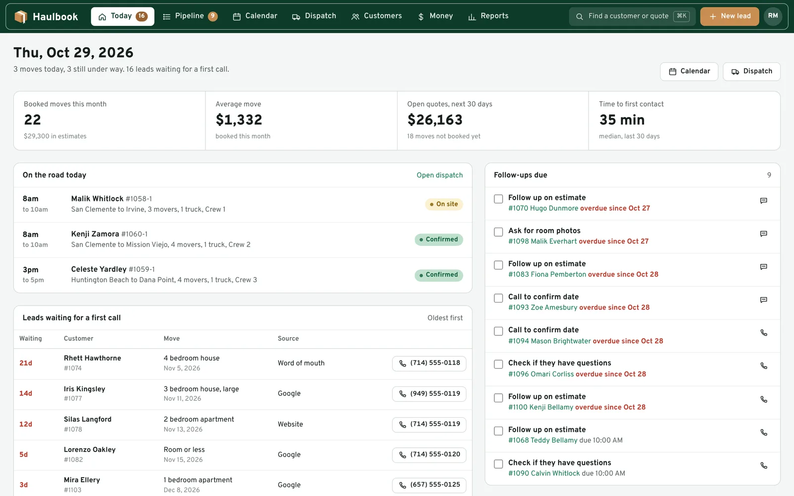 The Haulbook office app on the Today page: new leads waiting for a reply, estimates to follow up, and the day's jobs with their crews and trucks.