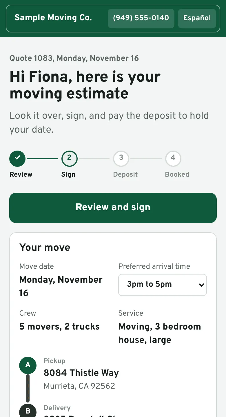 The customer page on a phone: move date, estimate total and a button to sign and pay the deposit.